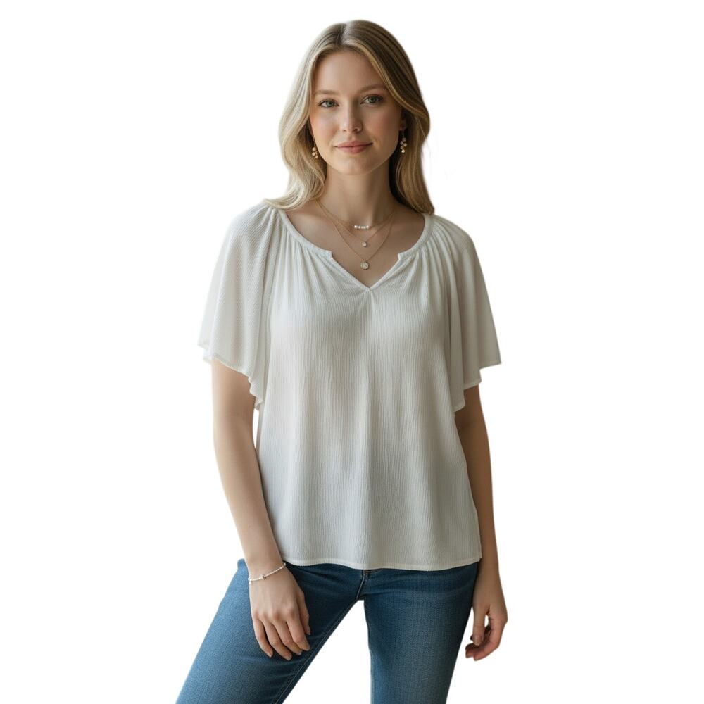 ✨ TOMMY BAHAMA White Flutter Sleeve Relaxed Blouse Medium Resort EUC 🏝️ - Picture 8 of 8